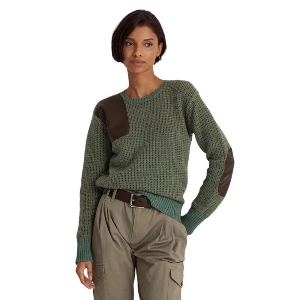 NWT Lauren Ralph Lauren Faux Leather Trim Wool Blend Sweater Women Medium Green